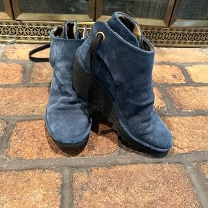 Fly London Navy Suede Wedge Booties, Sz 38 EU